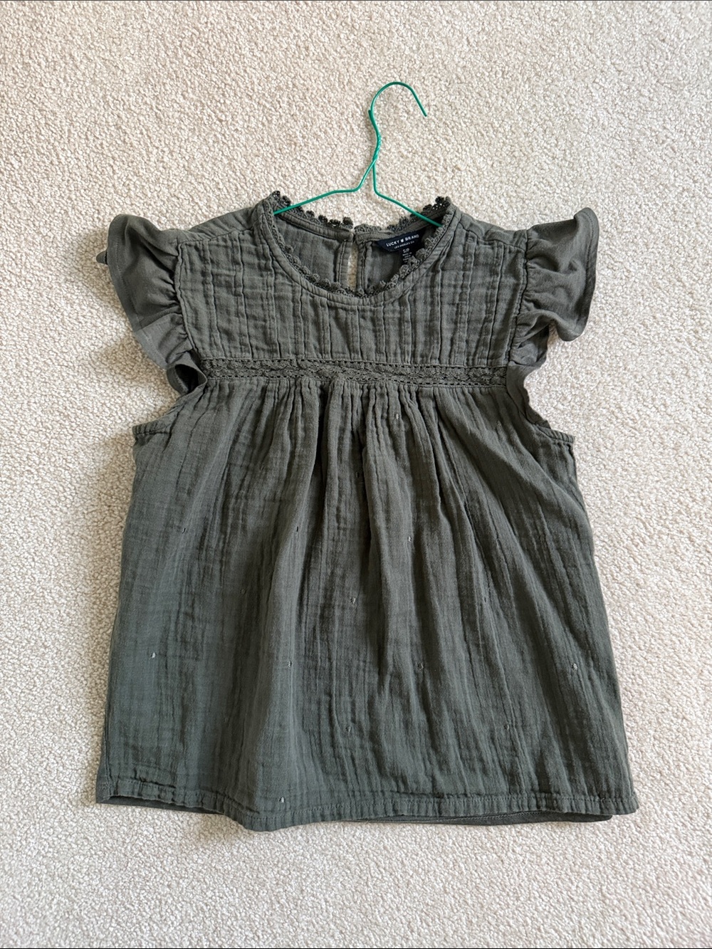 Lucky Brand Olive Green Flutter Sleeve Peasant Top
